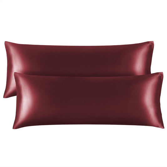 BEDELITE Satin Body Pillow Cover 2 Pack, Super Soft and Cooling Body Pillow Pillowcase for Hair and Skin, Breathable Silky Full Long Pillowcase Cover(20"x54", Burgundy)