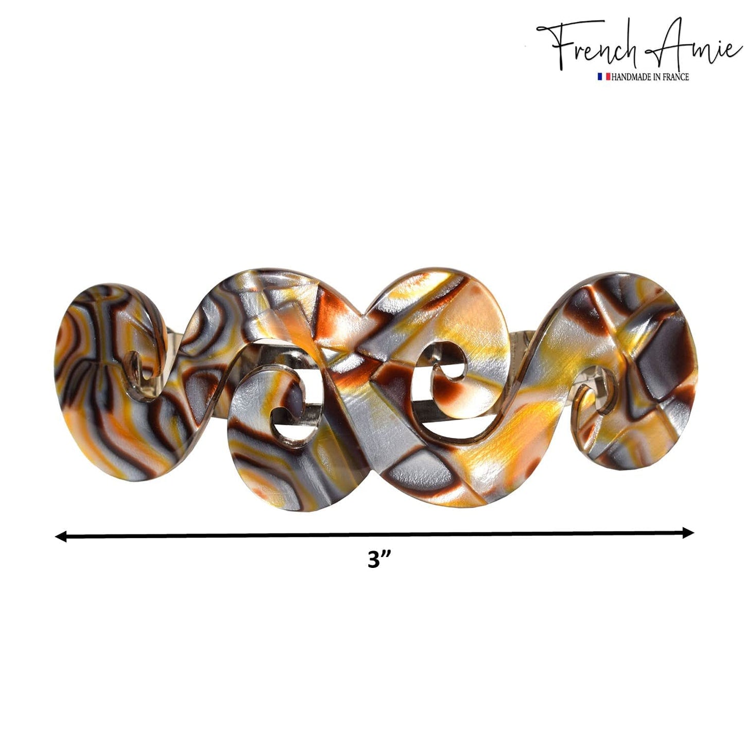 French Amie Swirls Onyx Silver Grey 3” Celluloid Handmade Hair Clip Barrette with Silver Clasp for Women and Girls, Made in France