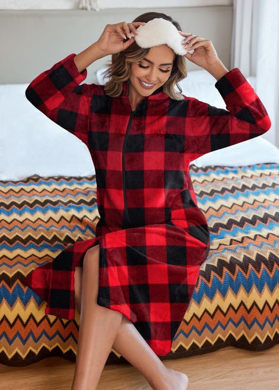 Ekouaer Women's Zip Up Robe Fleece Bathrobe Long Zipper Lounger Warm Housecoat Long Sleeve Nightgown with Pockets S-XXL