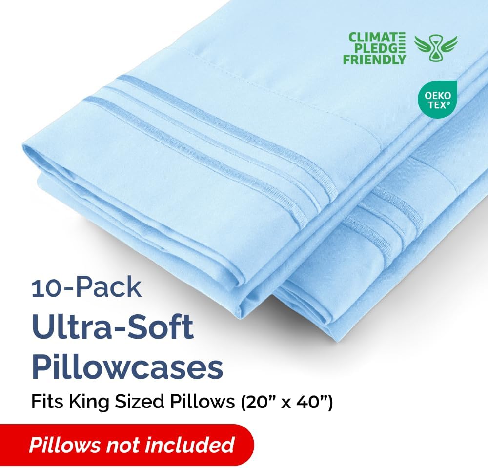 King Pillow Cases Set of 10 - Ultra Soft Hotel Quality Pillowcase Covers - Comfy. Cozy & Wrinkle Free - Shrink, Stain and Fade Resistant - Machine Washable Pillow Protectors - 10 Pcs Set - Light Blue