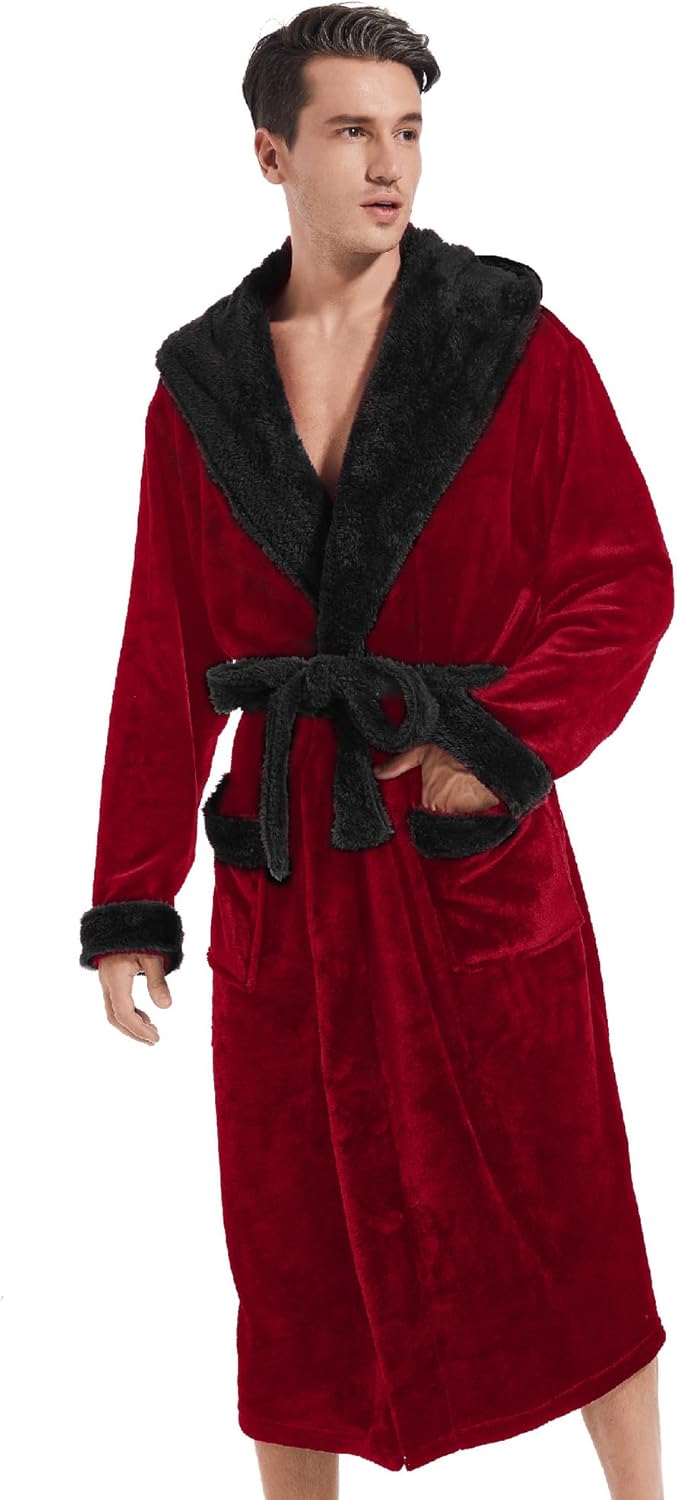 Inner Wish Mens Hooded Robe, Plush Long Bath robes Cozy Warm Bathrobe Fuzzy male Spa Robe With Pockets