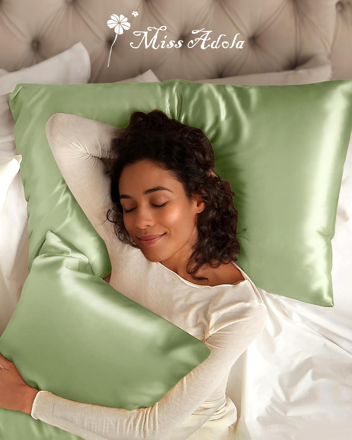 Silk Pillowcase 2 Pack - Pillow Cases King Set of 2 Size 20" x 36" for Hair and Skin Smooth Soft Breathable with Hidden Zipper Cooling Pillow Covers for Women, Light Green