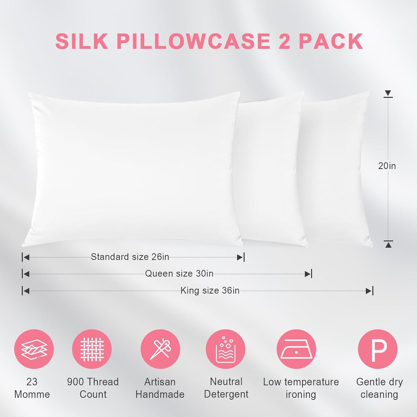 100% Silk Pillowcase 2 Pack for Hair and Skin, Both Sides 23 Momme Grade 6A+ Mulberry Silk Pillowcases with Hidden Zipper, Soft&Smooth Cooling Pillow Cases (White, Queen 20×30)
