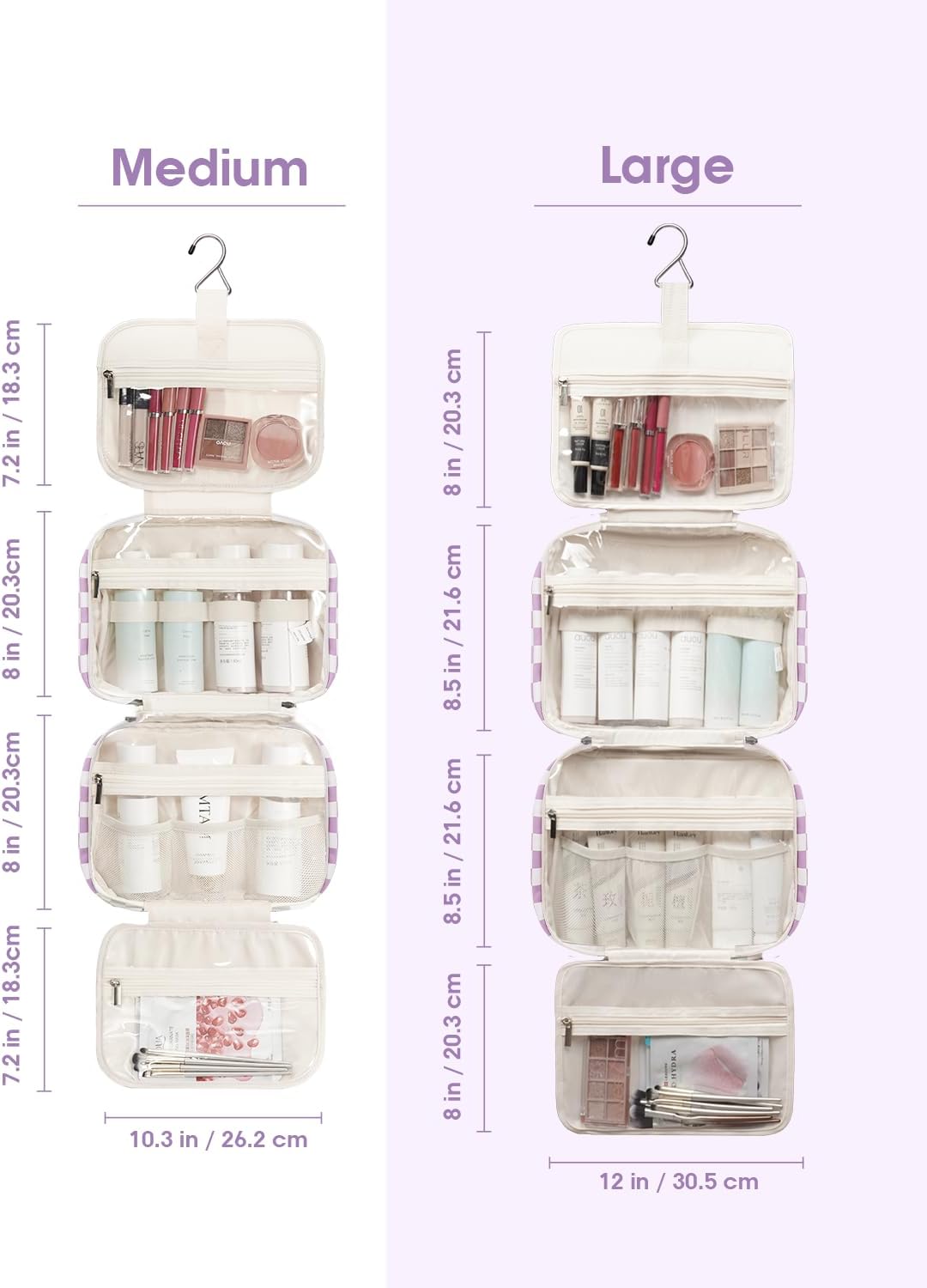 Narwey Travel Toiletry Bag for Women Large Hanging Makeup Bag Organizer Toiletries Bag for Full Size Essentials Accessories Cosmetics (Purple Checkerboard (Large))