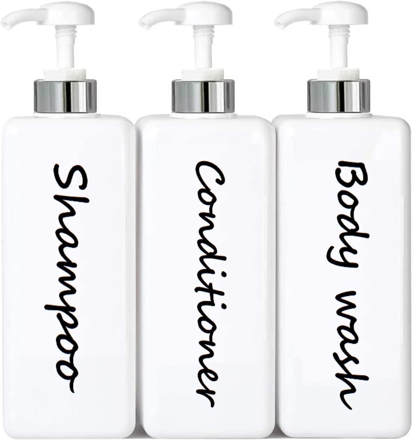 21oz Shampoo and Conditioner Dispenser (Set of 3) Modern Refillable Shampoo Pump Bottles for Shower Soap - Empty Shampoo Conditioner Body Wash Dispenser Set - Stylish Permanent Labels - for Bathroom