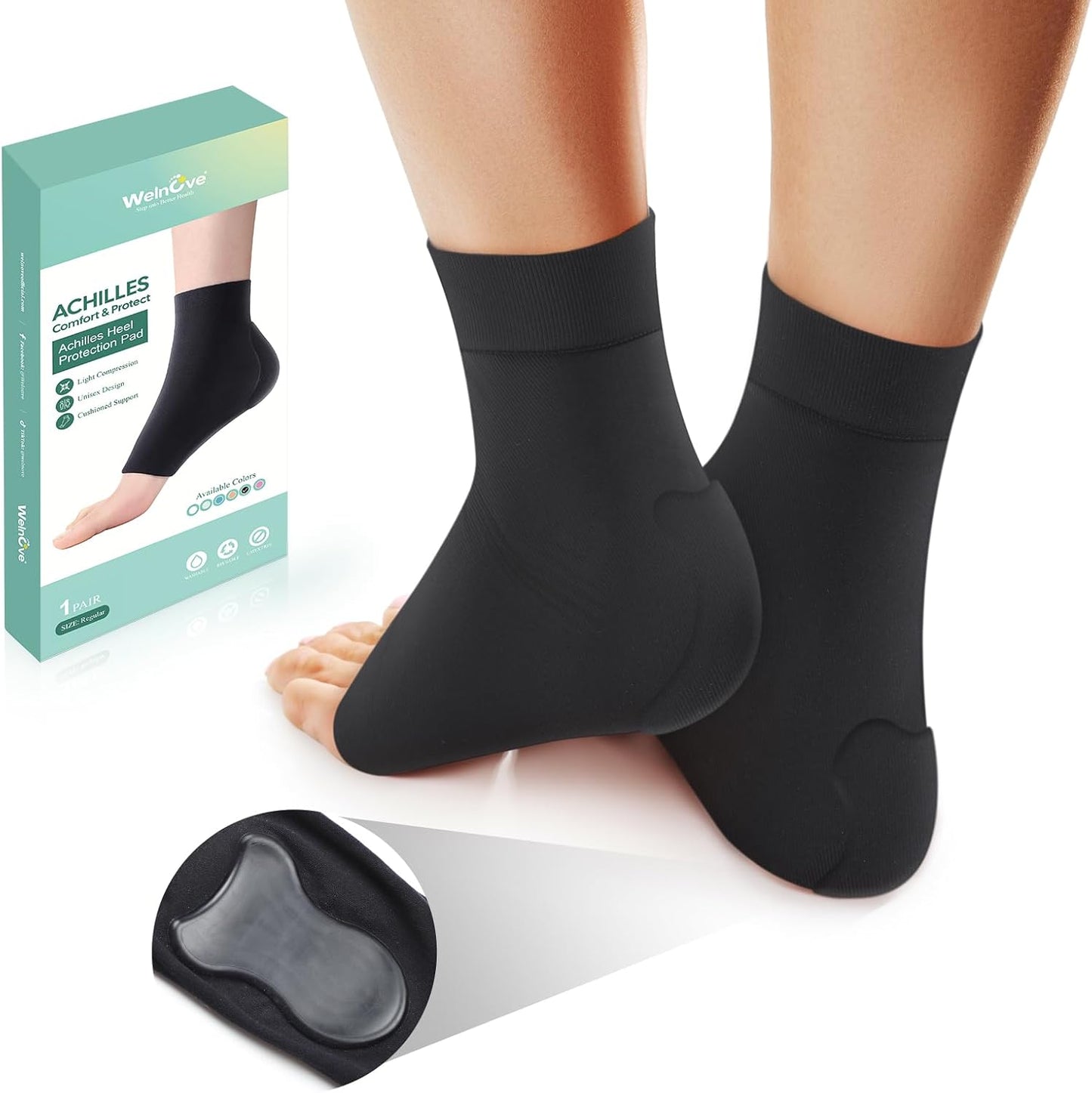 Welnove Achilles Tendonitis Heel Protector Socks - (FSA & HSA) Achilles Tendon Support Compression Socks - Gel Padded Sleeve for Cushion & Protection of Bursitis, Tenderness, Dry Cracked, Regular
