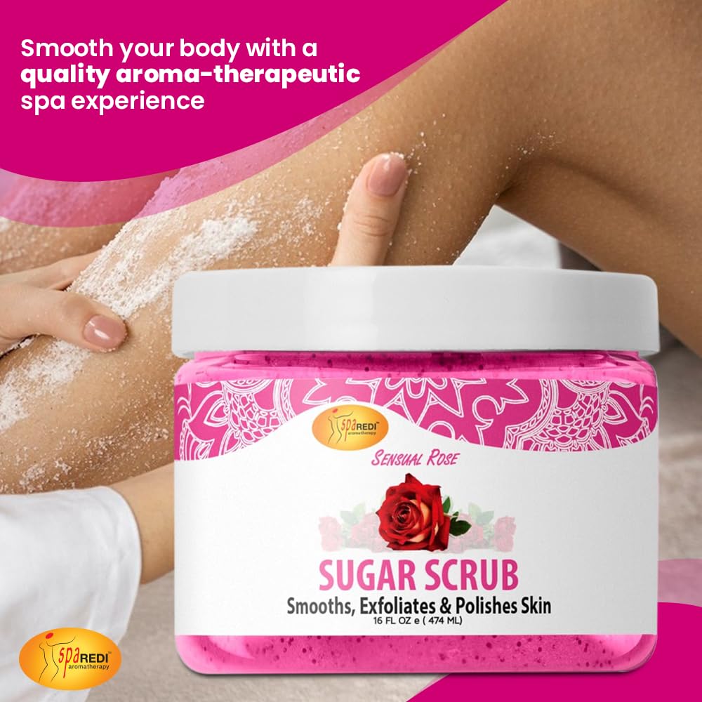 SPA REDI – Sugar Body Scrub, Sensual Rose, 16 Oz, Exfoliating, Moisturizing, Hydrating and Nourishing, Glow, Polish, Smooth and Fresh Skin - Body Exfoliator