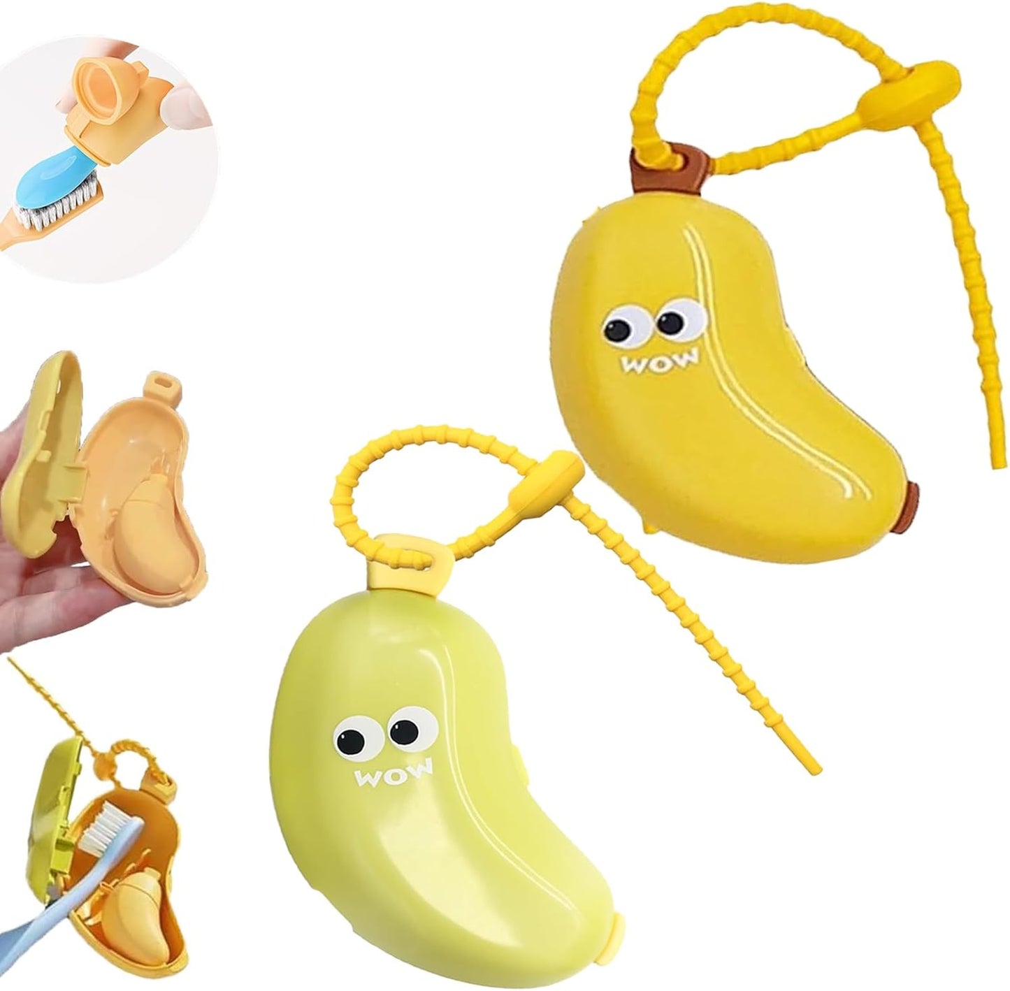 2Pcs 2-in-1 Travel toothbrush holder-Toothbrush covers with Toothpaste case,Portable Reuse Organizer with Banana smile-cute toothbrush cap for Electric&Manual Toothbrush,Ideal for Home&Travel(2,YE&GN)