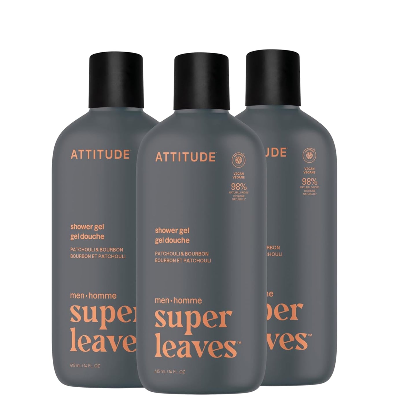 ATTITUDE Shower Gel Body Wash for Men, 98% Natural Origin Ingredients, Paraben & Phthalate Free, EWG Verified, Cleanses Without Drying, Patchouli & Bourbon, 14 Fl Oz (Pack of 3)