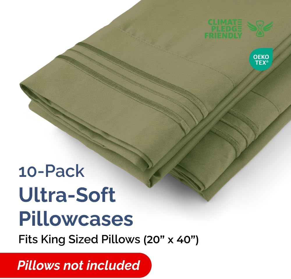 King Pillow Cases Set of 10 - Ultra Soft Hotel Quality Pillowcase Covers - Comfy. Cozy & Wrinkle Free - Shrink, Stain and Fade Resistant - Machine Washable Pillow Protectors - 10 Pcs Set - Sage Green