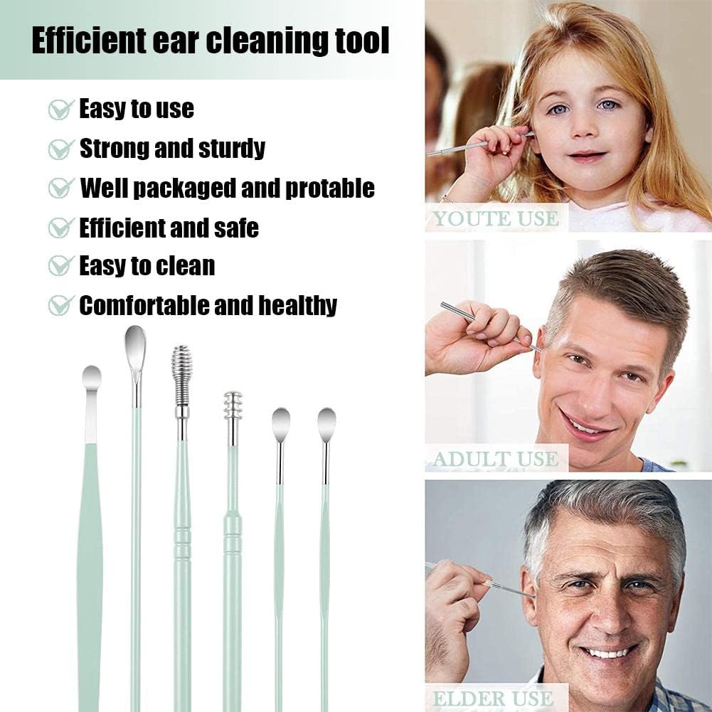 6 Pcs Ear Pick Earwax Removal Kit, Cleansing Tool Set, Curette Cleaner, 360degree Spiral Design Canal Cleaner Stainless Steel, with a Storage Box Portable Kit (Green), 11.7x2.8x2cm