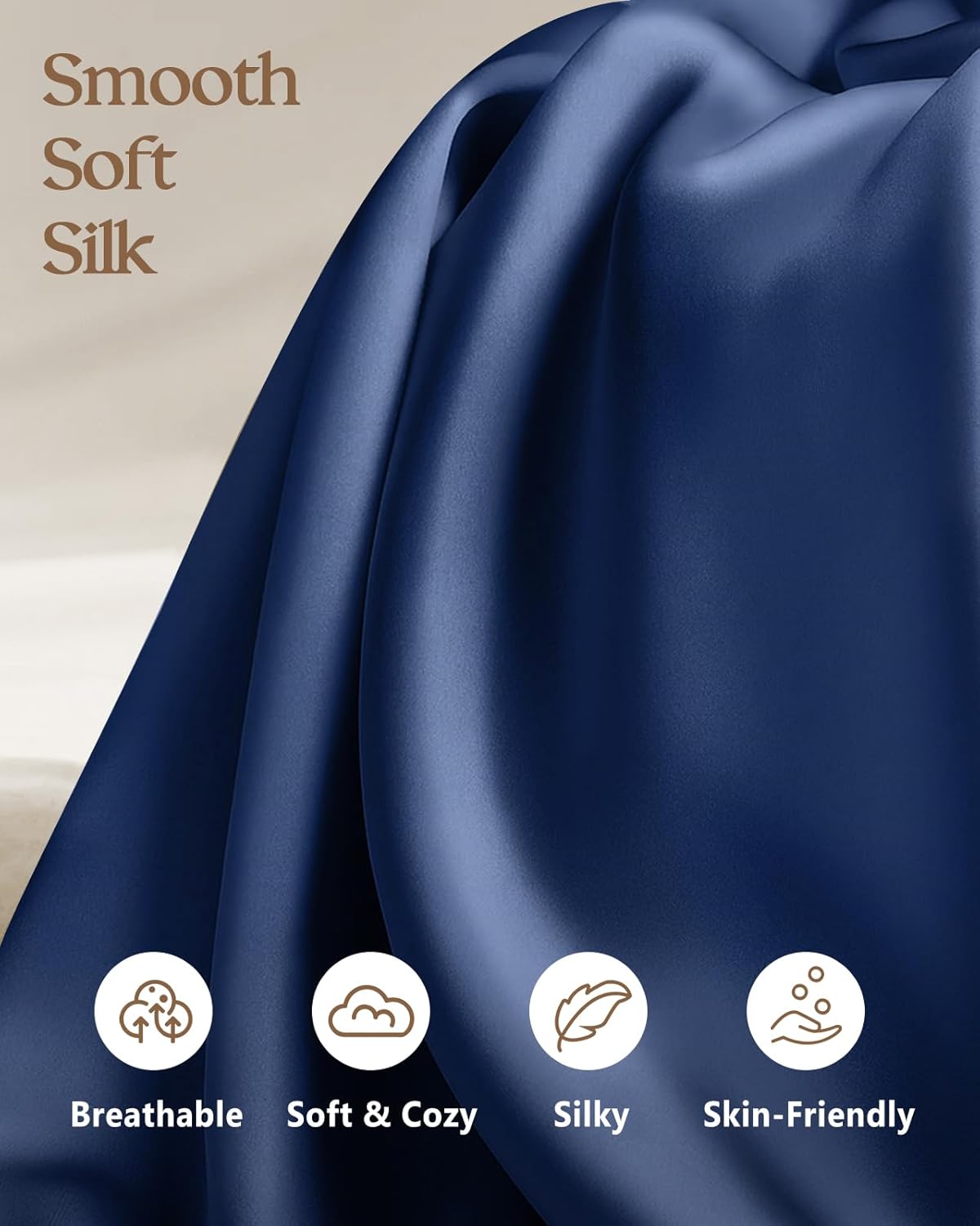 Silk Pillowcase 2 Pack - Pillow Cases Queen Set of 2 Size 20" x 30" for Hair and Skin Smooth Soft Breathable with Hidden Zipper Cooling Pillow Covers for Women, Navy Blue