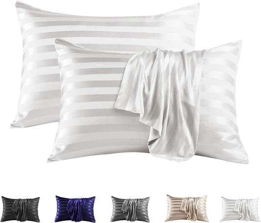 MR&HM Satin Pillowcase for Hair and Skin, Silk Satin Pillowcase 2 Pack, Queen Size Pillow Cases Set of 2, Silky Pillow Cover with Envelope Closure (20x30, Ivory Striped)