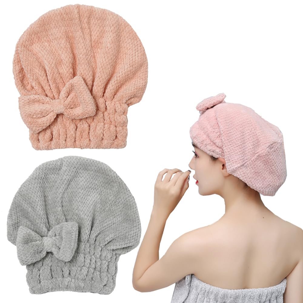 Microfiber Hair Towel, Hair Towel Cap,Absorbent Hair Turban Towel,Hair Drying Towel to Dry Curly or Straight Short Hair Quickly(Pink&Gray)