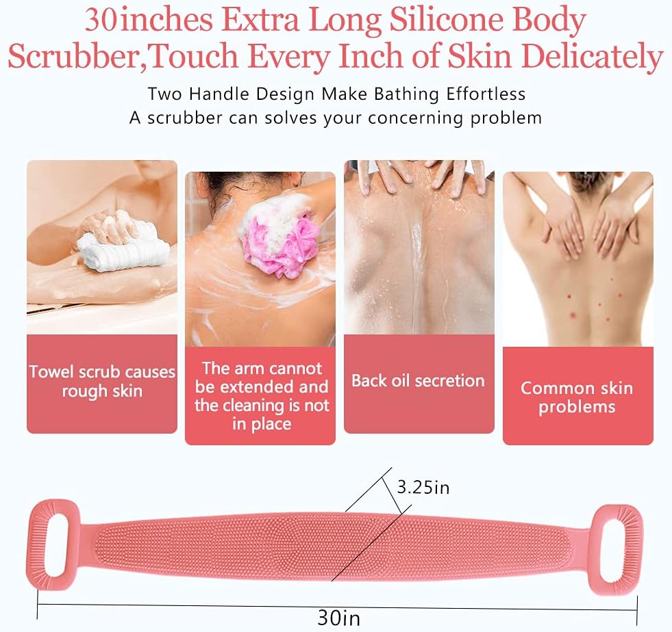 Inmorven Exfoliating Back Scrubber for Shower with Handles, 30 Inch Double-Sided Back Exfoliator Body Scrub Towel, Exfoliating Washcloth Bath Tool for use in Shower, Clean Skin for Men & Women (Pink)
