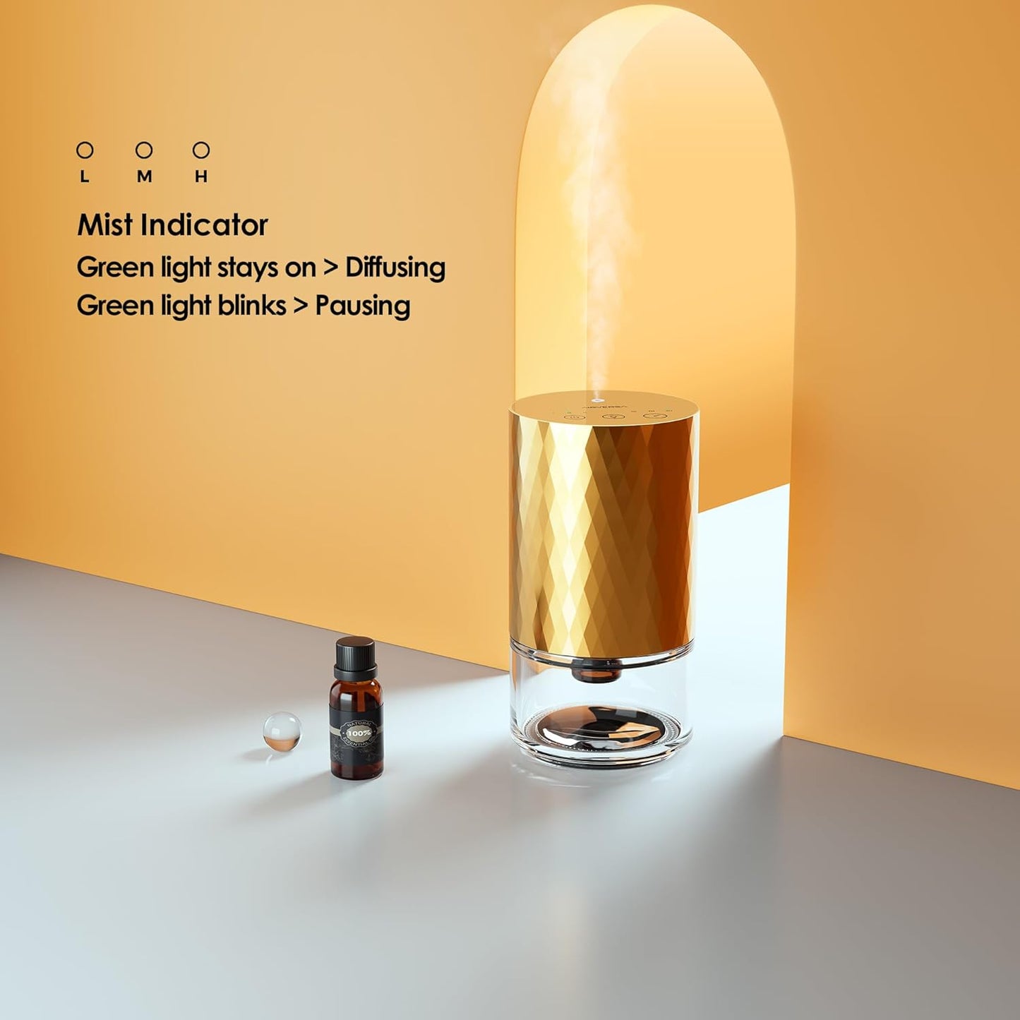 Airversa Waterless Diffuser Essential Oil 100ml Capacity Scent Air Machine for Home Aromatherapy Premium Metal Nebulizer Battery Operated 3 Mist Settings Timers Color Light AN5(Gold)