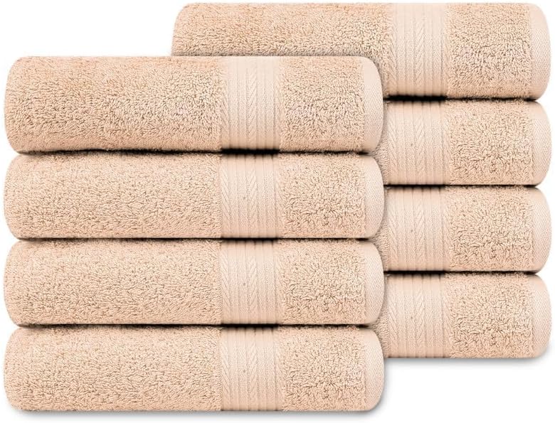 Ample Decor Hand Towel 18 X 28 Inch Pack of 8 600 GSM 100% Cotton,Oeko Tex Certified Soft Absorbent Thick Durable Premium Quality, for Hotel, Bathroom, Spa, Daily Use,Gym-Machine Washable-Beige