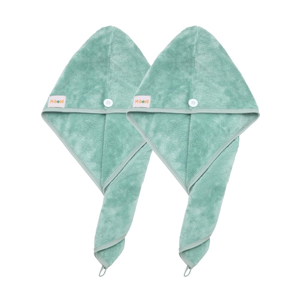 2 Pack Microfiber Hair Towel Wrap,Hair Drying Towel with Button, Hair Towel Turban,Head Towel to Dry Hair Quickly (Green&Green)