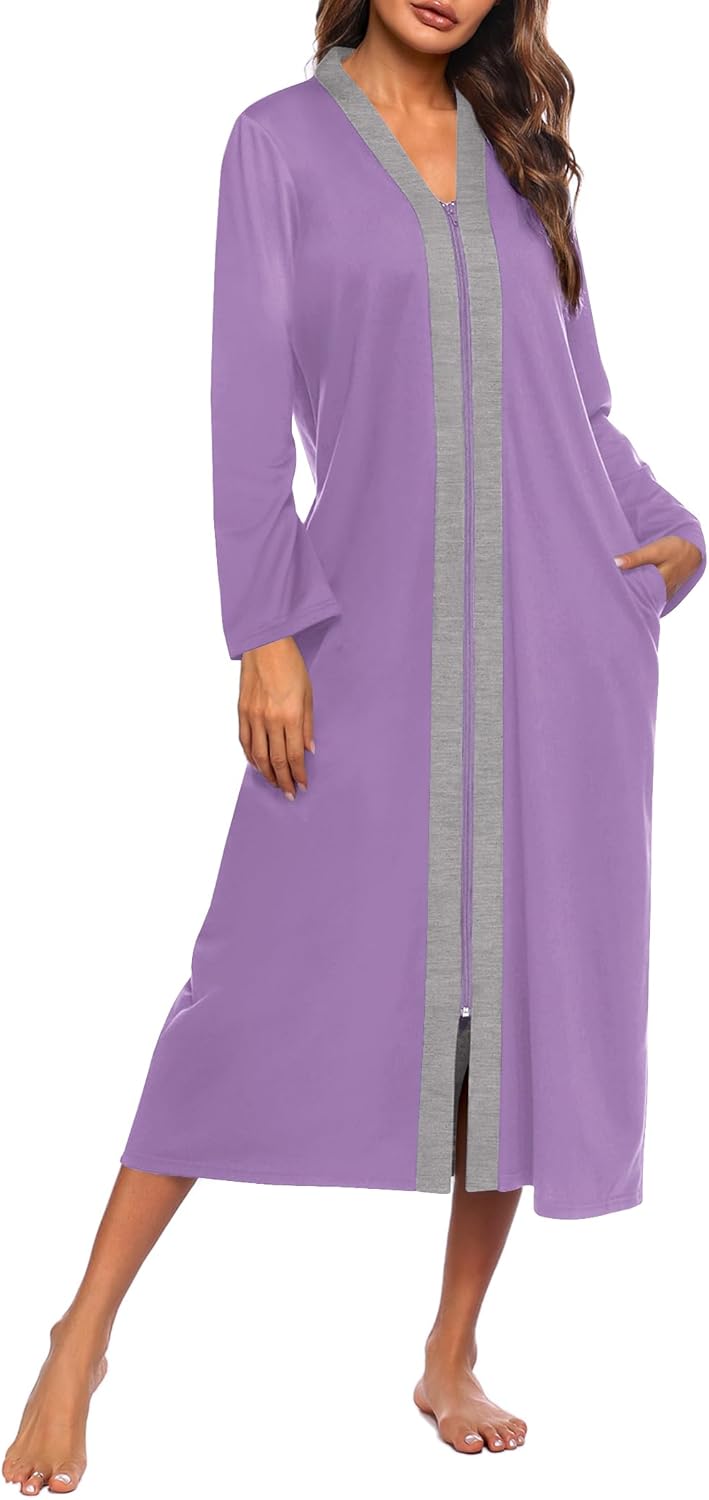 Ekouaer Women Zipper Robe Long Sleeve Loungewear Lightweight Housecoat Full Length Nightgown with Pockets
