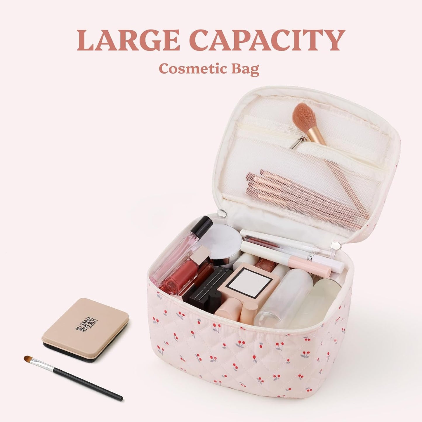Prite Large Cosmetic Bags for Women Cute Makeup Bag Floral Coquette Aesthetic Toiletry Bag Travel Make Up Organizer Bag (Cherry)