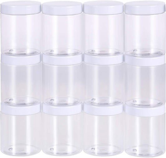 SATINIOR 12 Pack 10 oz Plastic Container Jars with Lids Round Clear Travel Cosmetic Container Jars for Toiletries, Lotion, Cream, Ointments, Makeup, Rhinestone, Samples, Kitchen Storage(White)