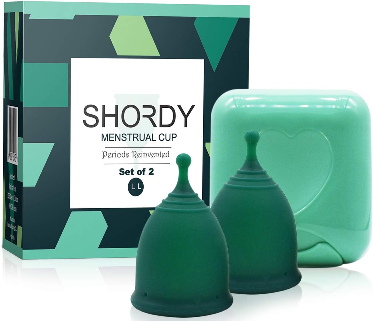 SHORDY Reusable Menstrual Cups (Large) Set of 2 with Mini Box, Medical Grade Silicone, Coupe Menstruelle, Safe Period Cup, Heavy Flow Kit, Feminine Hygiene, Tampons, Pads & Disc Alternative (Green)