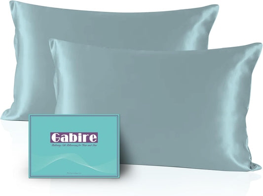 Mulberry Silk Pillowcases Set of 2, Both Sides Real Silk Pillowcase for Hair and Skin Prevent Acne Pillowcase Organic Silk Pillow case 2 Pack with Hidden Zipper, Haze Blue, Standard (20"×26")