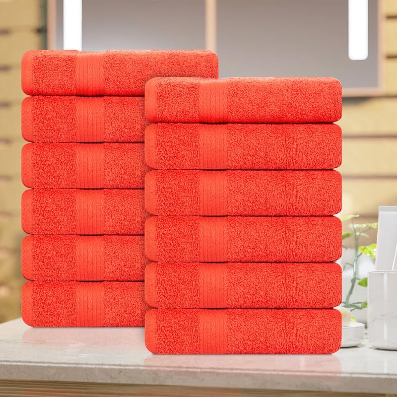 Ample Decor Hand Towel 18 X 28 Inch Pack of 12 600 GSM 100% Cotton, Oeko Tex Certified Soft Absorbent Thick Durable Premium Quality, for Hotel, Bathroom, Spa,Gym - Machine Washable - Orange