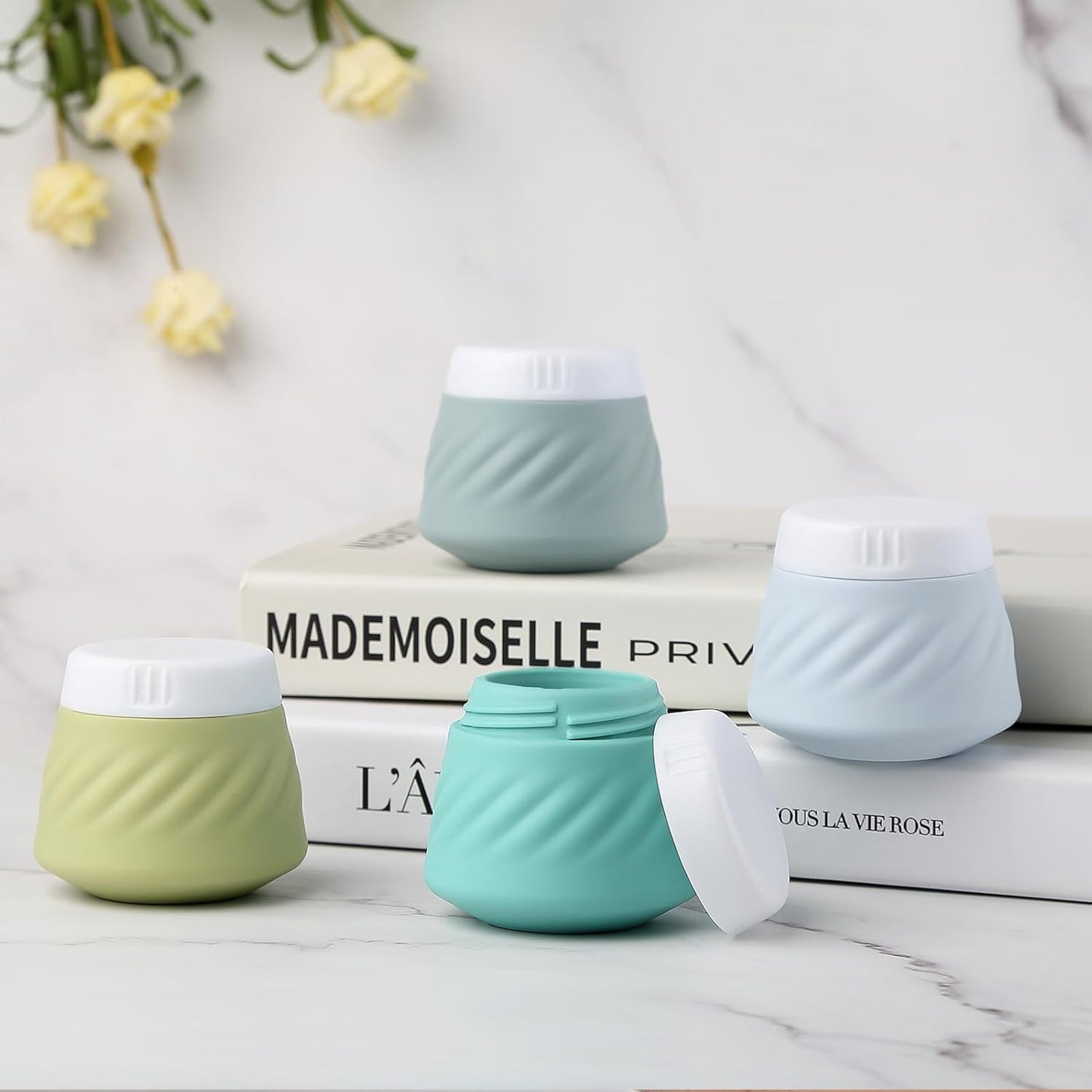 Gemice BPA-Free Silicone Travel Cream Jars with Clear Bag, Leak-proof Toiletries Containers for Cosmetic Face Body Hand Cream (4 Pack)