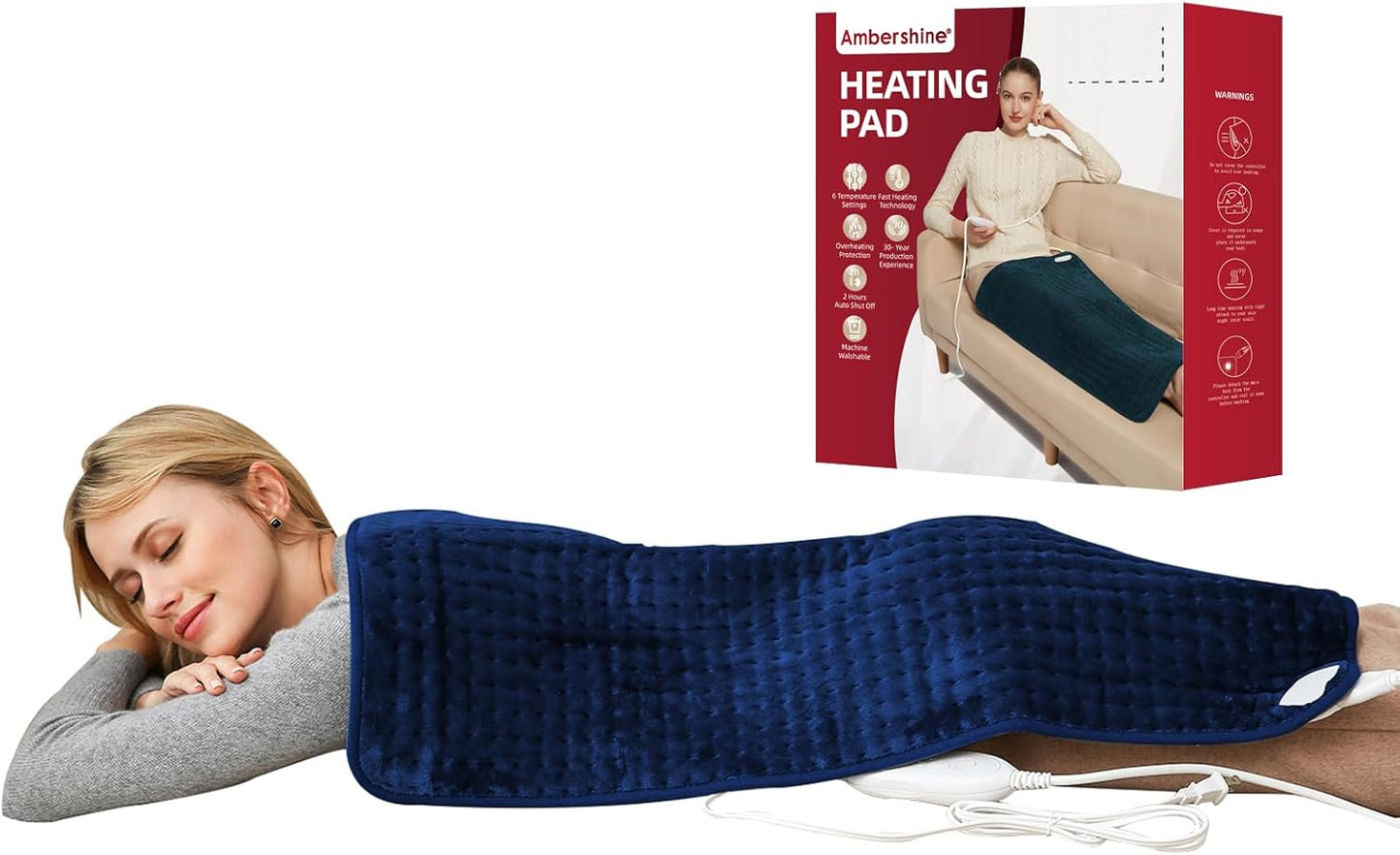 Ambershine 17''x33'' XXXL King Size Heating Pad with Fast-Heating Technology&6 Temperature Settings, Flannel Electric Heating Pad/Pain Relief for Back/Neck/Shoulders/Abdomen/Leg(Dark Blue)
