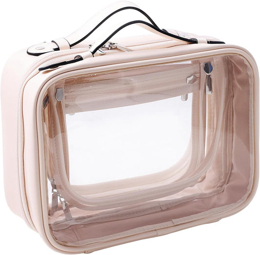 SANHECUN traveling toiletry Case large clear cosmetics case makeup bag Dimensions | LxWxH:10” x 4.5” x 7.5”(Beige, Medium)