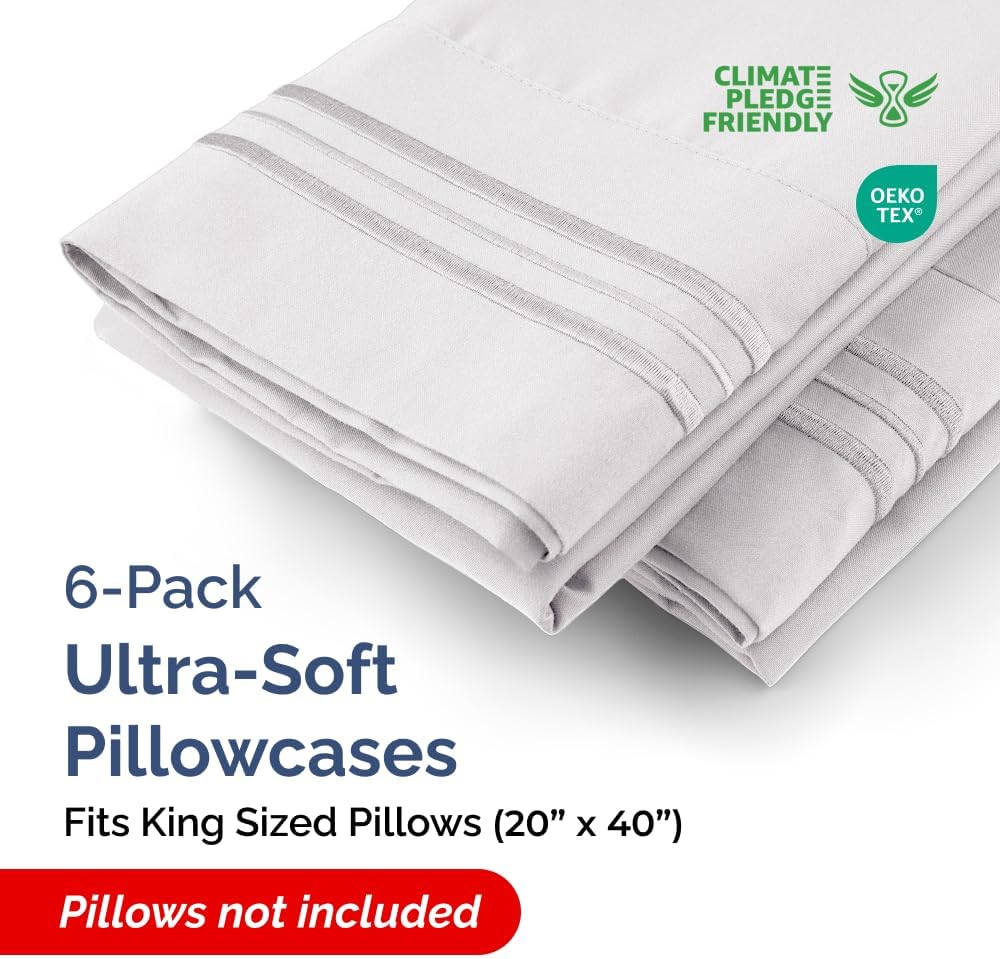 King Pillow Cases Set of 6 - Ultra Soft Hotel Quality Pillowcase Covers - Comfy, Cozy & Wrinkle Free - Shrink, Stain and Fade Resistant - Machine Washable Pillow Protectors - 6 Piece Set - French Grey