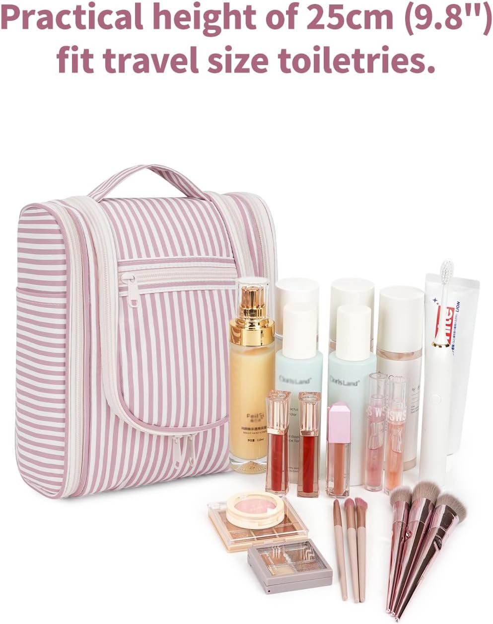 Narwey Small Striped Hanging Travel Toiletry Bag for Women, Travel Bag for Toiletries, Makeup Bag Organizer Cosmetic Bags Make Up Bags for Women (Dusty Rose Stripe)