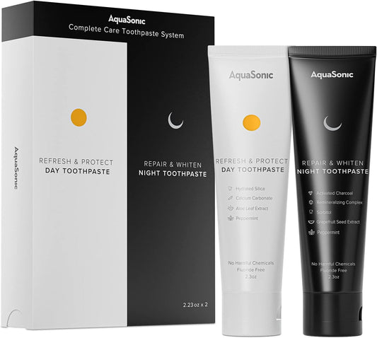 AquaSonic Complete Care Toothpaste - Refresh & Protect Day, Repair & Whiten Night - Fluoride Free Natural, Anti-cavity, Anti-plaque, Reharden, Strengthen, Whiten, Detoxify