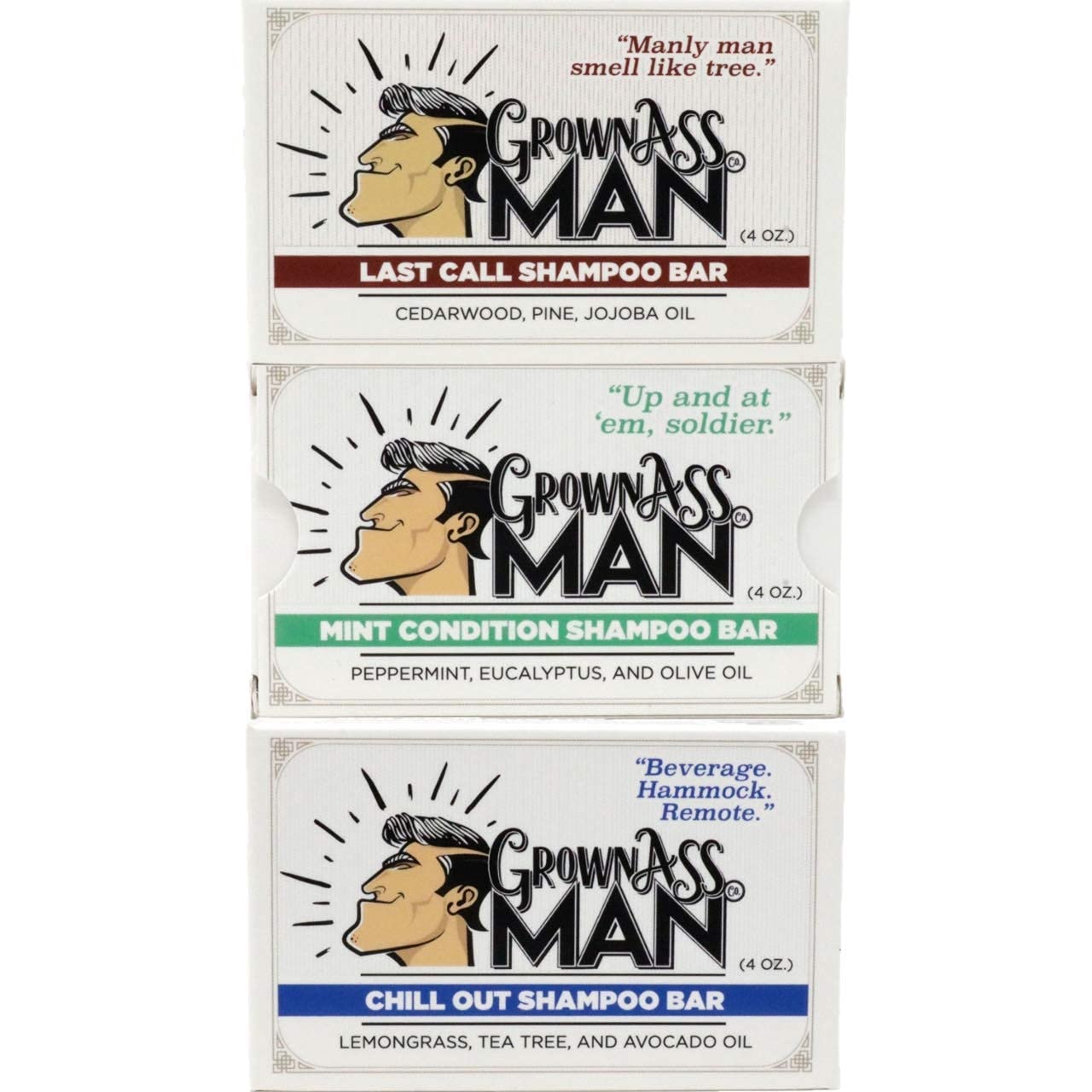 Grown Ass Man Co. - Solid Shampoo Bar Rich Lather 3 in 1: Hair, Beard & Body Wash - Plastic Free & Eco-Friendly, Natural & Organic Clean for All Hair Types, 4oz Bar (Variety, 3-Pack)