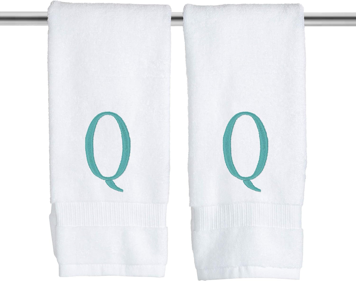 White Powder Room Hand Towel - Monogram Initial Hotel Quality Decorative Embroidered Luxury Towel for Spa - GOTS Organic Certified - Set of 2 Teal Letter Q