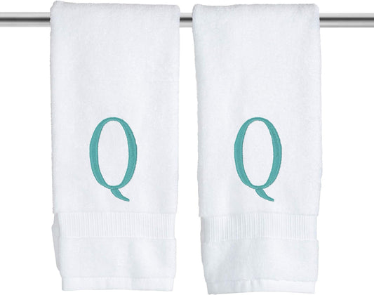 White Powder Room Hand Towel - Monogram Initial Hotel Quality Decorative Embroidered Luxury Towel for Spa - GOTS Organic Certified - Set of 2 Teal Letter Q