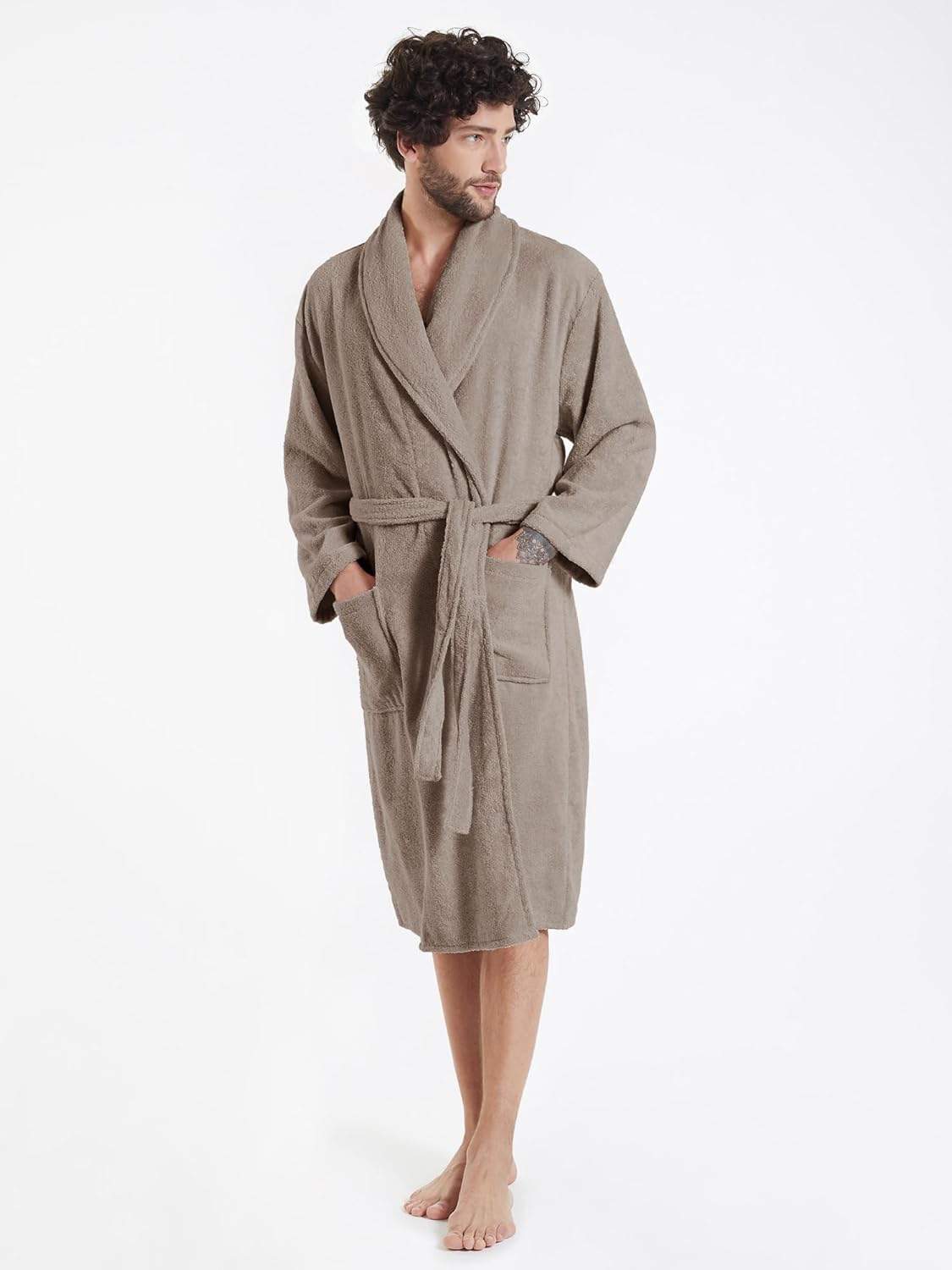 SIORO Mens Terry Bath Robe, Plush Hooded Cotton Cloth Knee-Length Robes for Spa, Shower, Soft Towel Bathrobes with Pockets