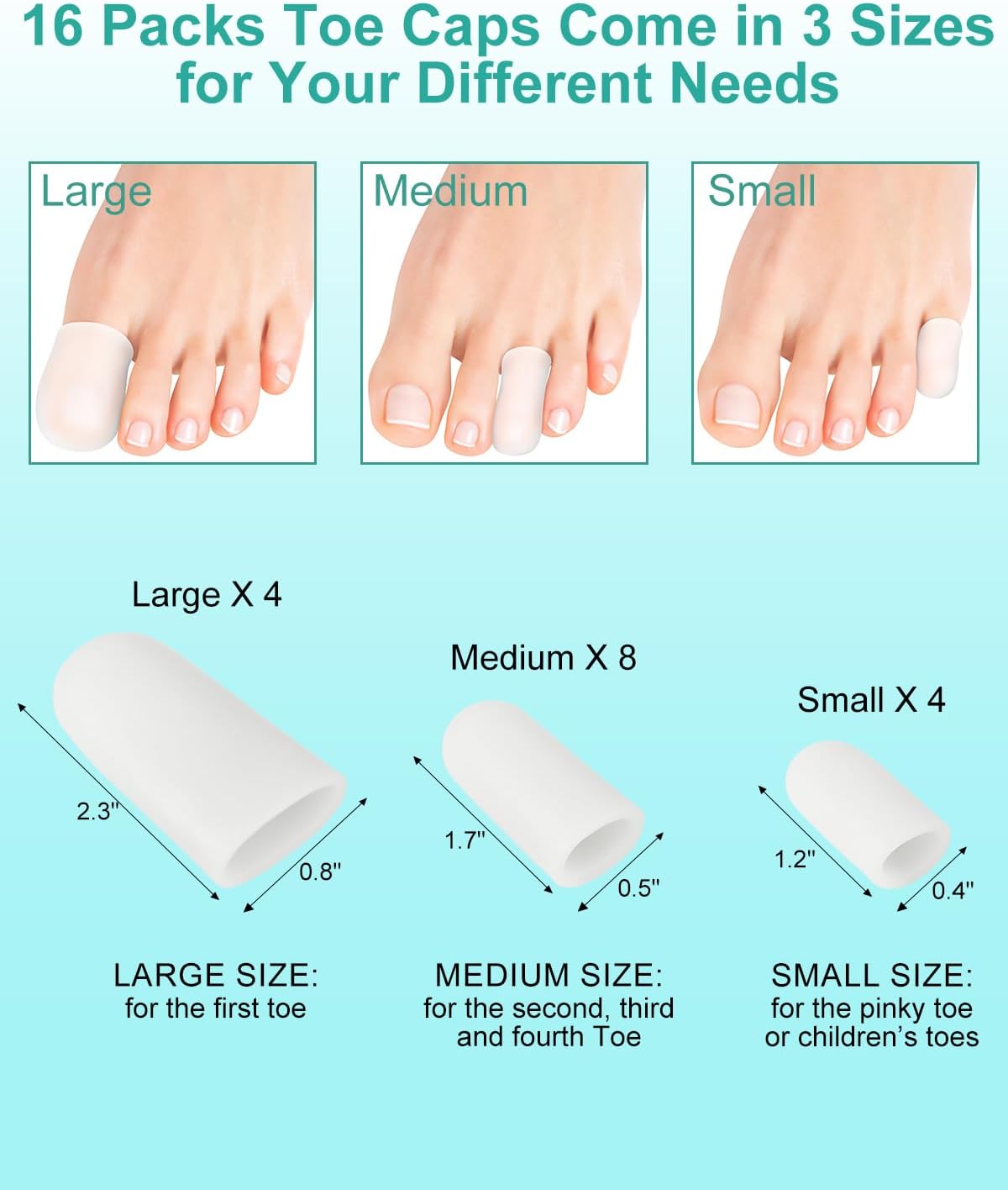 16-Pack Silicone Toe Protectors and Caps, Gel Toe Covers Bandage Sleeves for Women & Men Pain Relief, Cushion Pads for Corns, Calluses, Blisters, Toenails Loss(Clear, Mixed Sizes, 4L+8M+4S)
