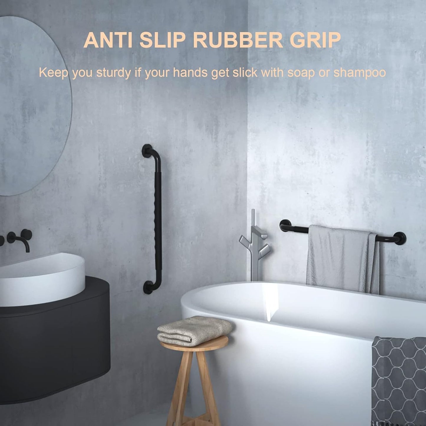 2 Pack 24 Inch Black Shower Grab Bar w/Anti Slip Rubber Grip,ZUEXT Stainless Steel Bath Grab Bar,Bathroom Balance Bar,Wall Mount Safety Handrail Support,Handicap Injury Elderly Senior Assist Handle