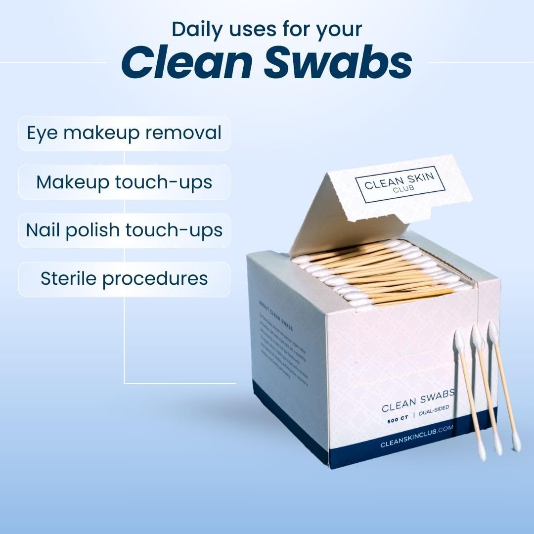 Clean Skin Club Clean Swabs | 6 Pack Total 3000 Count | One Pointed Tip | Biodegradable + Organic Cotton & Bamboo | Makeup & Nail Polish Touch-ups | Chlorine-Free & Hypoallergenic