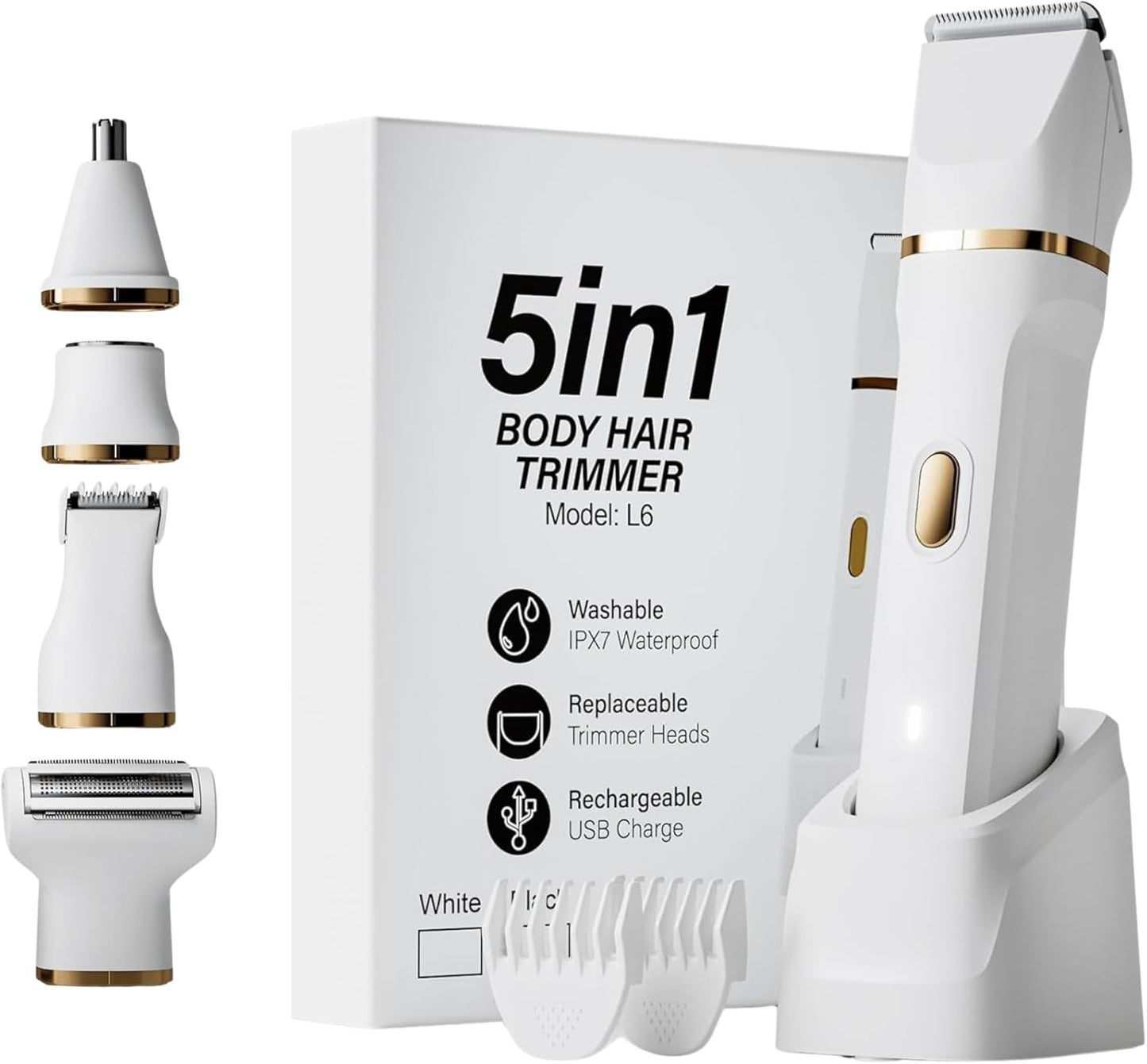 5-in-1 Bikini Trimmer Electric Razors with USB Cord, Excellent Facial Hair Elimination, Wet/Dry Body Shaver for Nose, Eyebrows, Beard, Leg, and Arm, IPX7 Waterproof (White)