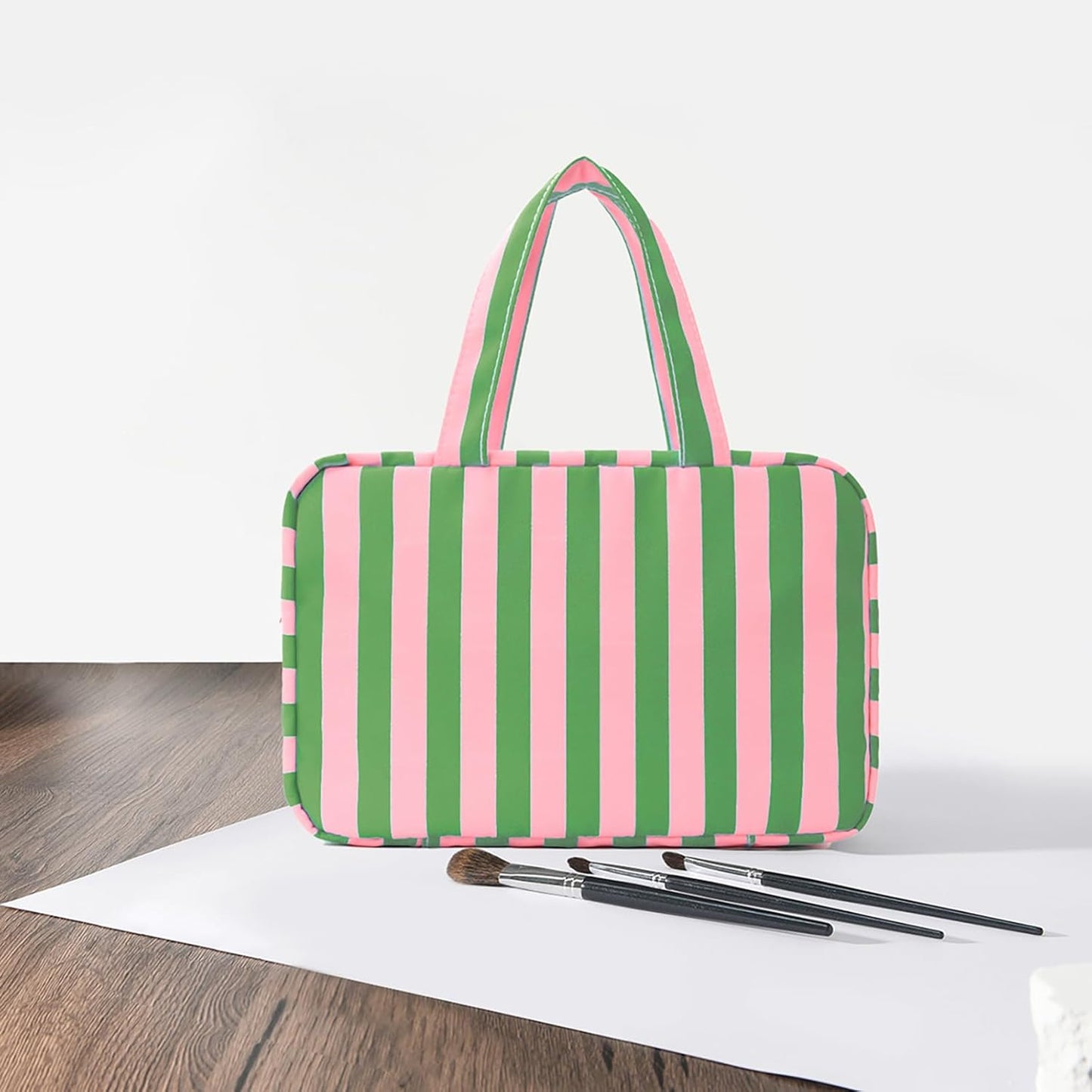 Toiletry Bag for Women Travel Water-resistant Cosmetic Bag Fashion Stripes Makeup Bag with Hanging Hook Preppy for Store Toiletries Cosmetic Accessories Large Capacity Green