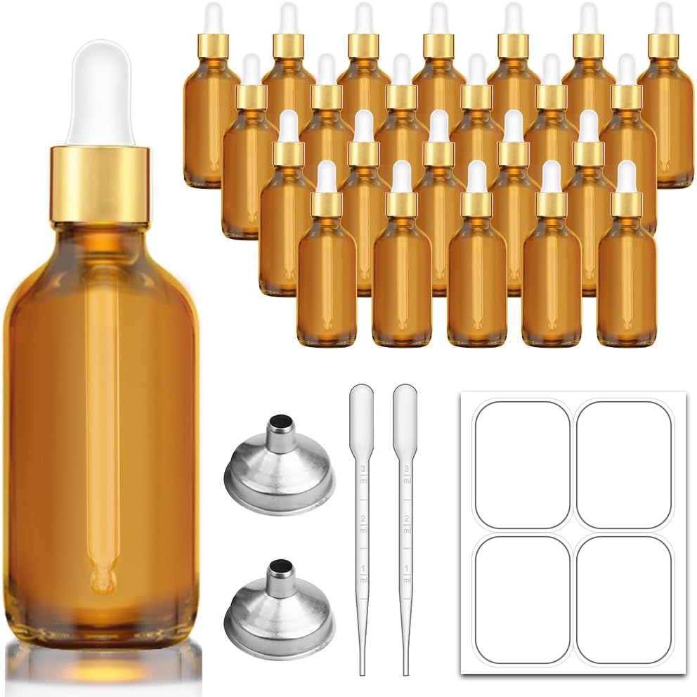Bumobum 2 oz Dropper Bottle, Amber Glass Eye Dropper Bottles with Golden Top Cap for Essential Oils, 24 pack Tincture Bottle with Labels and Funnel