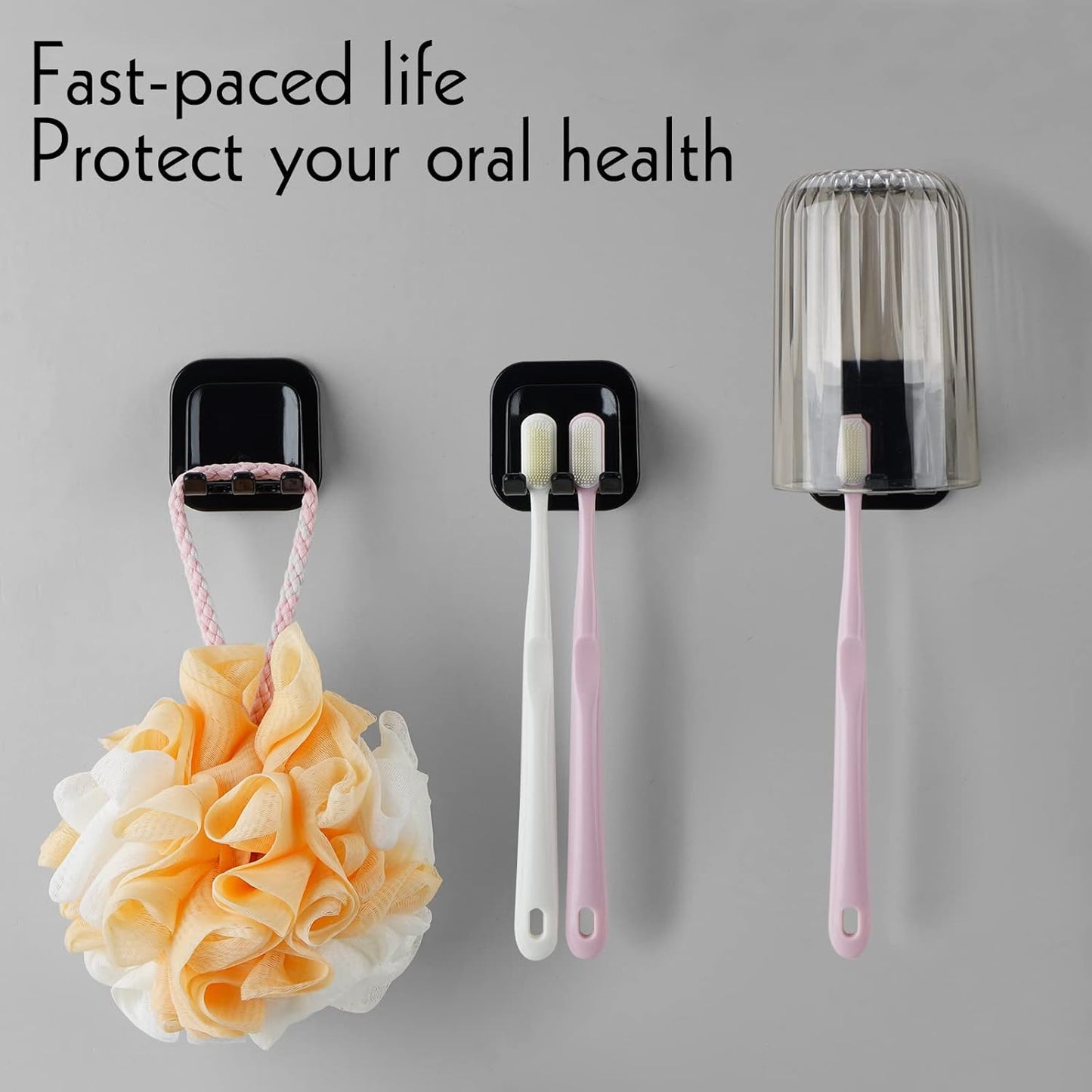 2 PCS Self-Adhesive Toothbrush Holders Wall Mounted, Water Proof Toothbrush Hook, 2 in 1 with Toothbrush Hanger and Gargle Cup Holder for Bathroom Shower (Black)