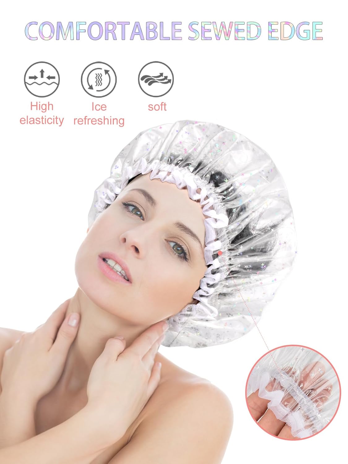 Auban Luxury Shower Cap Reusable Waterproof for Women Sequin Lined Hair Cap for Shower Plastic Cap for Long Hair Large Double Layer Bath Cap Travel Essential & Cleaning Supplies