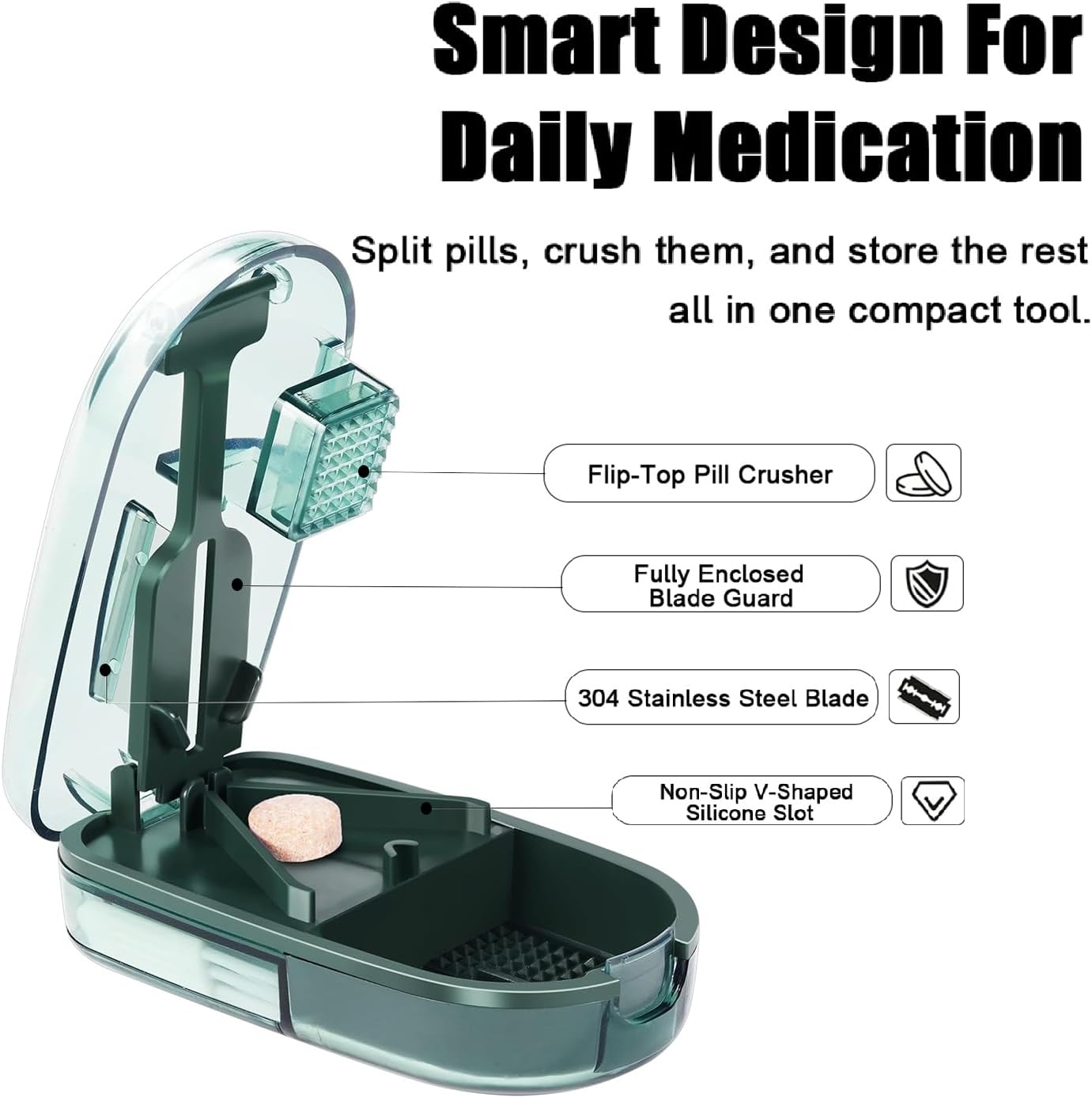 Clear Pill Cutter & Crusher – Precision Tablet Splitter with Safety Blade Guard, Pill Storage and Built-in Cleaning Brush – for Small and Large Pills, Travel Ready (Transparent Green)