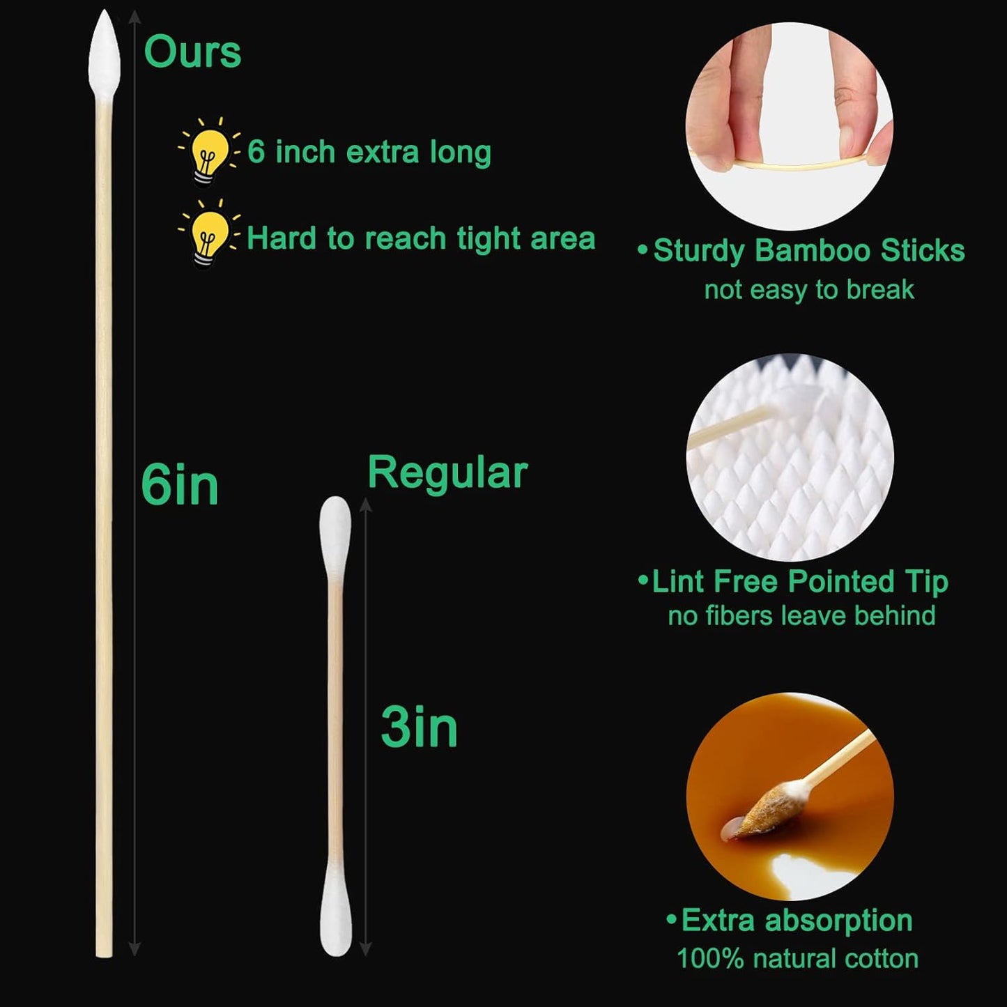 6 Inch Pointed Tips Cotton Swabs - Long Wooden Stick Cotton Buds Pointed Cotton Swabs With Case - Cotton Tipped Applicators For Makeup, Cleaning Gun, Electronics, Hard To Reach Area(400 count)