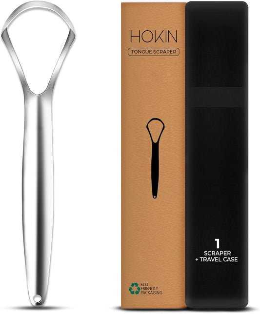 HOKIN Tongue Scraper for Adults with Travel Case (1Pcs Oral Care Pack) - 100% Metal Spoon Shaped Tongue Cleaner, Tough Scraper for Oral Hygiene