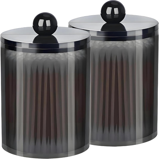 AXX Qtip Dispenser Apothecary Jars Bathroom - Qtip Holder Storage Canister Clear Plastic Jar for Cotton Swab,Q-Tips,Cotton Rounds (Black 2Pcs)